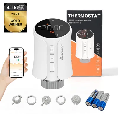 Immagine prodotto di Termostato per radiatori Salcar Smart Home con Wi-Fi, controllo tramite app e comando vocale, compatibile con Alexa e Google Assistant