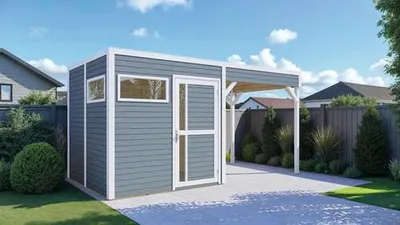 Produktbild von Gartenhaus Bertilo Cubus 2 Lounge inkl. Bodenplatte, Schleppdach 449 x 240 cm hellgrau