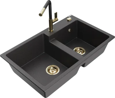 Produktbild von Mexen Tomas 2-Becken-Granitspüle mit Mischbatterie Flora, Schwarz gesprenkelt - 6516-76-670401-57-G