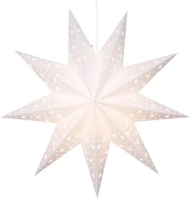 A white, star-shaped paper lantern with cut-out star patterns, illuminated from within.