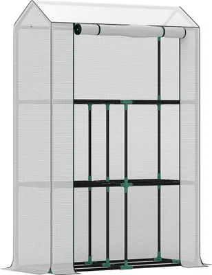 Image de Serre en film plastique avec étagères 100 x 40 x 150 cm - Serre à tomates en acier thermolaqué et film anti-UV - Serre résistante à l'hiver pour balcon et jardin