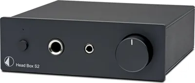 A black audio device with a silver knob and silver headphone jacks on the front panel.