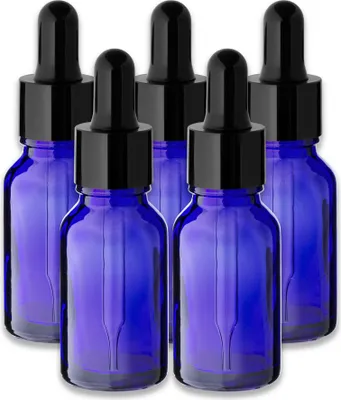 Produktbild von 5x Blaue Glasflasche 15 ml mit schwarzer Pipette Tropfflasche für Öl