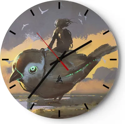 Produktbild von Wanduhr - Rund - Glasuhr - Fantasie Vogel - 40x40cm - Schleichendes Uhrwerk - Lautlos - zum Aufhängen bereit - Dekoration Modern - Wanddekoration aus Glas - C3AR40x40-3933