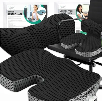 Produktbild von Orthopädisches SET Lendenkissen und Sitzkissen aus Memory Foam - SCHWARZ - Ergonomische Kissen für Sessel, Auto, Bürostuhl - Erhöht Sitzkomfort