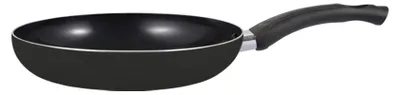 A black frying pan with a black handle is shown against a white background.