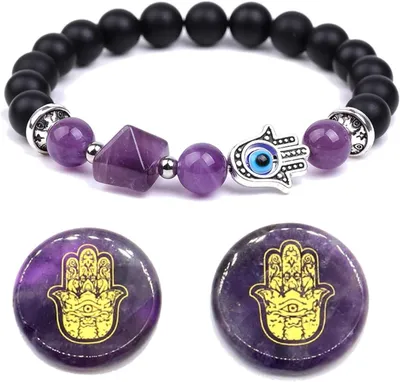 Productafbeelding van Kristallen Armband Set - Gouden Hand Fatima - Bescherming Dragen - Amethist Steen - 2 Stuks - Paars