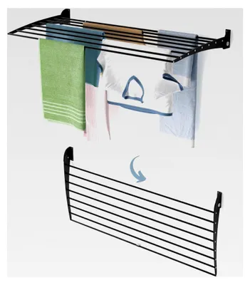 Produktbild von Wandmontierter, klappbarer Wäscheständer für Innen und Außen, aus Aluminium und Stahl, 118x50x50 cm (Schwarz, 118 cm)