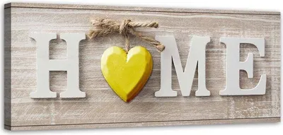 Produktbild von Leinwandbild home schriftzug mit gelbem herz auf hellem holz 90x30 cm Feeby gelb wandbild bereit zum aufhängen
