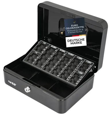 Geldkassette mit einem Euro-Münzzählbrett von HMF mit 25 cm Breite in Schwarz