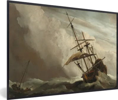 Produktbild von MuchoWow® Gerahmtes Poster Ein Schiff auf offener See während eines Sturms - Gemälde von Willem van de Velde 30x20 cm - Poster mit Schwarzem Bilderrahmen Wandposter Rahmen Foto Bilder - Kunstdruck - Bild-Poster