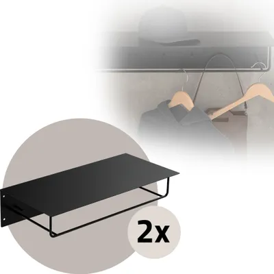 Produktbild von ML-Design sada 2 nástěnných věšáků s háčky, věšákem na oblečení a klobouky, 60x30x15 cm, černá barva, kovový věšák do předsíně na bundy a kabáty, věšák na kabáty