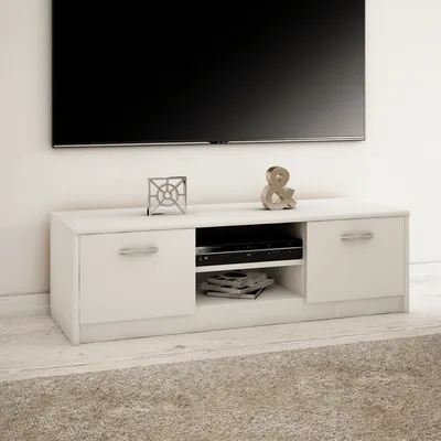Produktbild von TV-Schrank 120cm breit Lowboard mit matter Oberfläche Fernsehtisch mit 2 Türen und 1 Regal, aus laminiertem Board weiß