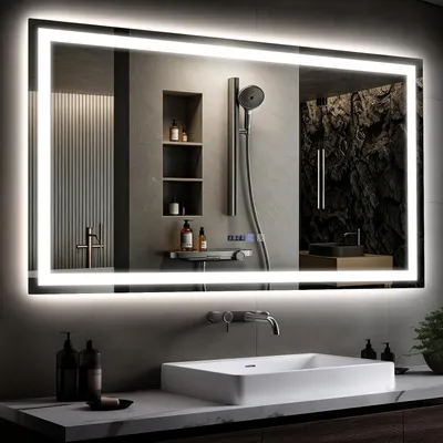 Zdjęcie produktu dla ZMH Lustro łazienkowe z oświetleniem 100x60cm Lustro ścienne  IP44 z zegarem dotykowym Funkcja odmgławiania Lustro z oświetleniem Regulowana jasność 3000K-6500K