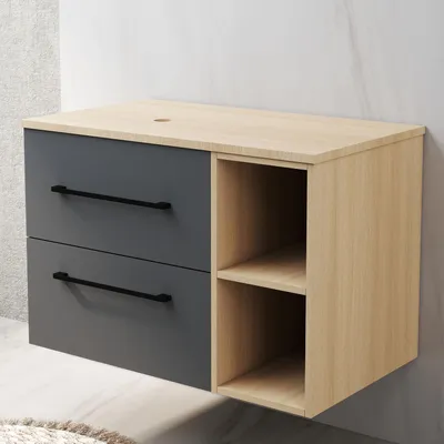 Produktbild von Waschtischunterschrank GHENT 80cm Dunklegrau Badezimmer Unterschrank Badschrank Hängeschrank Badmöbel Set MDF Softclose