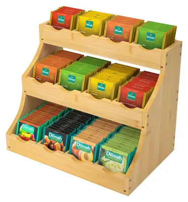 Imagen del producto de Organizador de bolsitas de té de bambú de 3 niveles con compartimentos ajustables