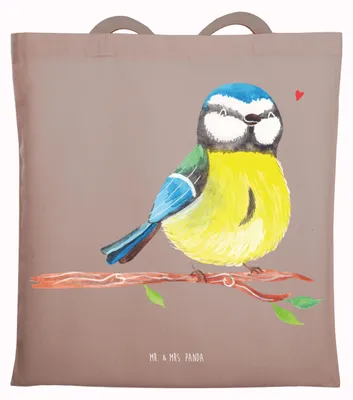 Produktbild von Mr. & Mrs. Panda Tote Bag Vogel Blaumeise - Braun Pastell - Geschenk, Liebe Grüße, Laptoptasche, Ostern, Shopping Tasche, Stoffbeutel, Frühling, Tragetasche, Ostergrüße