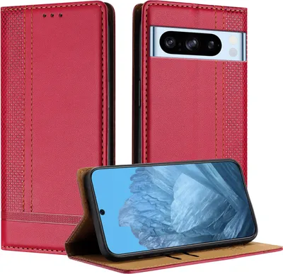 Image de Housse en cuir pour Google Pixel 8 Pro Housse à rabat avec support rouge