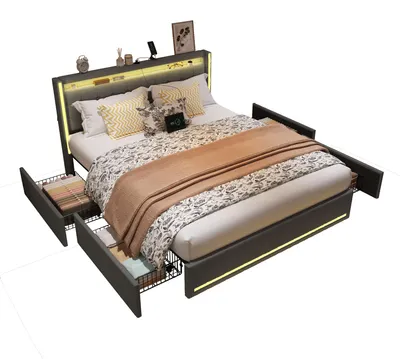 Obrázek produktu pro Postel Moonbite s úložným prostorem, rozměr 180x200 cm, lněná tkanina, tmavě šedá barva, 4 zásuvky, nastavitelné LED osvětlení, USB a Type-C porty, nosnost 300 kg
