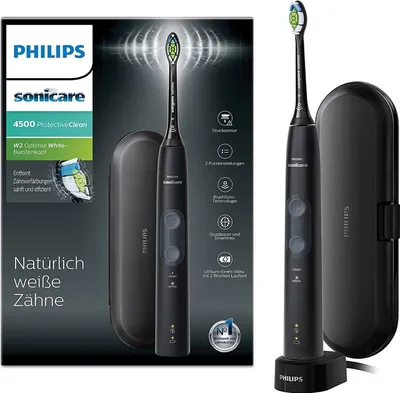 Produktbild von Philips Sonicare ProtectiveClean 4500 elektrische Zahnbürste, Schallzahnbürste mit 2 Putzmodi, Clean und White, Drucksensor, Timer und Reiseetui, Schwarz, Modell HX6830/53