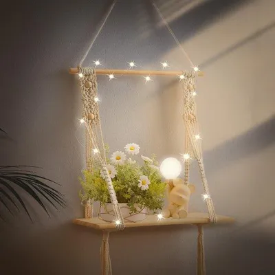 Image de Étagère murale en bois avec guirlande lumineuse LED, décoration murale bohème, 60 x 20 cm, bois, blanc, motif macramé