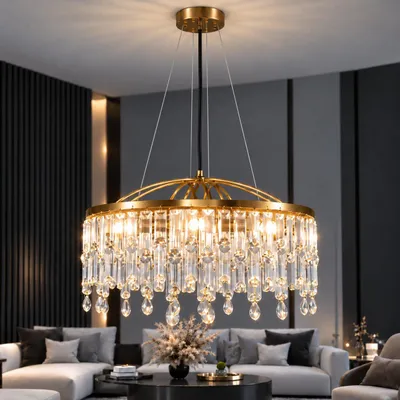 Produktbild von NUNZIA casa Kristall Pendelleuchte rund Ø 40 cm Gold – Hängeleuchte mit Kristallbehang, 4 × E14, höhenverstellbar, ohne Leuchtmittel