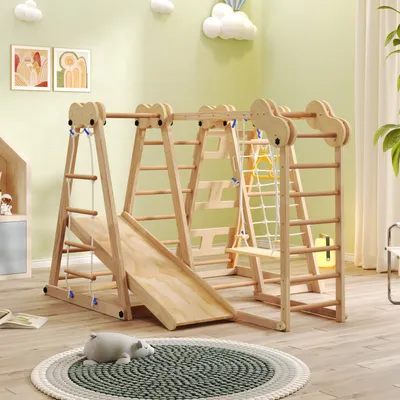 Produktbild von Abrihome 7-in-1 Klettergerüst-128x164x116 cm mit Rutsche Netzleiter, Schaukel, Kletterstange, Kletterseil, für ab 3-8 Jahre, Naturholz