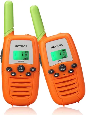 Two orange and green walkie-talkies are shown against a white background.