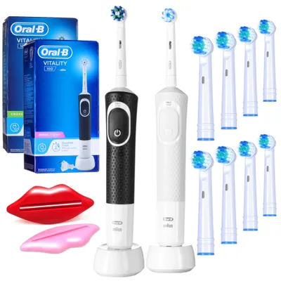 Immagine prodotto di 2 spazzolini elettrici Braun Oral-B Vitality 100 – Nero e bianco – 10 testine intercambiabili – 2 dispenser di dentifricio