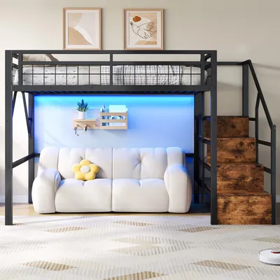 Produktbild von okwish Jugendbett 140×200 mit Sicherheitsgeländer und LED, Hochbett mit Stauraumtreppe,Einzelbett in Schwarz,ohne Matratze