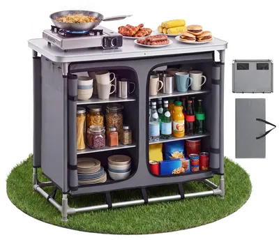 Produktbild von Campingküche - Klappbarer Campingschrank - 6 Ablagefächer - MDF Tischplatte bis 50 kg - Mit Tragetasche - Outdoor Küchenstation für Camping & Wohnmobil