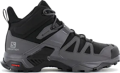 A side view of a black and gray Salomon X Ultra 4 MID WIDE GTX men's waterproof trekking shoe.