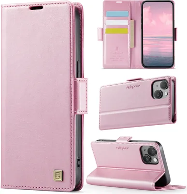 Produktbild von Lederhülle für iPhone 14 Plus, RFID Schutz Handyhülle mit Magnetverschluss, Kartenfächern und Ständer Pink