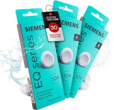 Produktbild von MEISTERZWECK4U - Siemens TZ80001A Reinigungstabletten, 3x10 Reinigungstabs für Kaffeevollautomaten EQ Series - entfernt Kaffeeöl Rückstände, verbessert Aroma - Reiniger Kaffeemaschinen, Kaffeeautomat
