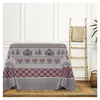 Produktbild von Sofaüberwurf 250 x 290 cm aus 100% Baumwolle, rot mit Chalet-Motiv, ideal für den Sommer als Überwurf oder Tagesdecke für Doppelbetten