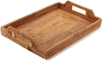 Produktbild von DigiRigi® Rattan-Tablett – handgewebtes, rechteckiges Serviertablett mit Griffen, 43 x 29 x 4,5 cm, ideal fürs Frühstück, Getränke & Snacks