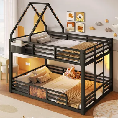 Produktbild von okwish Etagenbett 140×200 mit einer Matratze und LED, Jugendbett mit Stofftaschen und Sicherheitsgeländer,Hausbett in Schwarz