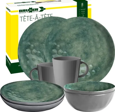 Produktbild von BRUNNER Camping Geschirr Set 2 Personen | Anti-Slip | Tete a Tete VENETIAN SEA GREEN, 8-tlg.