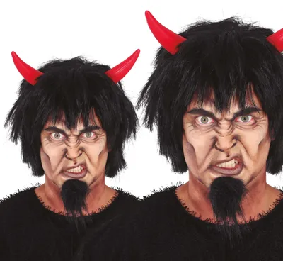 Productafbeelding van Dämon Halloween pruik, zwart haar, duivel kostuum, uni, rode hoorns, feest, griezelig, angstaanjagend, mystiek, fantasie, rollenspel. Kleur: zwart