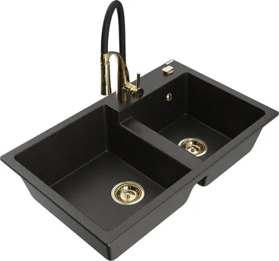 Produktbild von Mexen Tomas 2-Becken-Granitspüle mit Mischbatterie Aster, Schwarz/Gold metallisch - 6516-75-73450-57-G