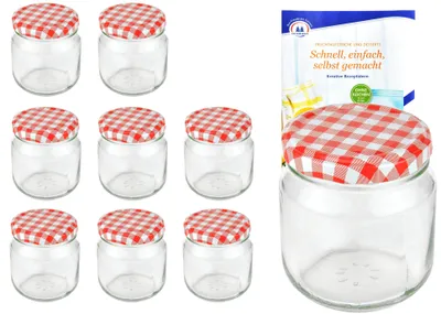 Obrázek produktu pro sada 12 kulatých sklenic 212 ml nieder To 66 červené zavařovací sklenice s kostkovaným víčkem skleněné včetně brožury s recepty