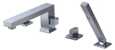 Immagine prodotto di Miscelatore per vasca da bagno - Miscelatore per bordo vasca a 4 fori - Con doccetta manuale - Due manopole per acqua calda e fredda - Ottone, 20 cm - Cromato spazzolato, colore argento