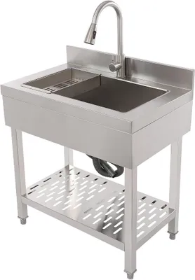 Zdjęcie produktu dla Zlew ze stali nierdzewnej, wolnostojący, przemysłowy, do użytku na zewnątrz, z półką i kranem, wymiary 75 × 50 × 90 cm. Duży zlew gastronomiczny, idealny do użytku na podwórkach, w garażach (srebrny)