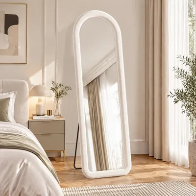 Image de Miroir mural corporel INONEFT, dimensions 160 x 50 cm, forme incurvée, à poser ou à fixer au mur, idéal pour chambre à coucher ou salon, couleur blanc flanelle