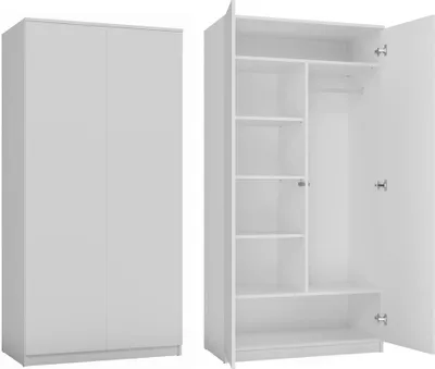 A white wardrobe with two doors, one shown closed and the other open to reveal shelves and a hanging rail.