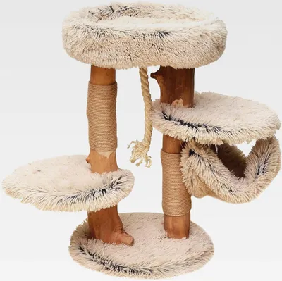 Produktbild von Kratzbaum mit Holz und Plüsch 87,5 cm hoch, Designer Katzenkratzbaum mit Birnbaumholz, Katzenbaum mit Hängematte, Katzenmöbel mit Liege