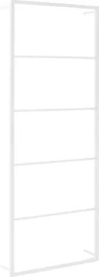 A white, minimalist image of a towel rack with multiple shelves.