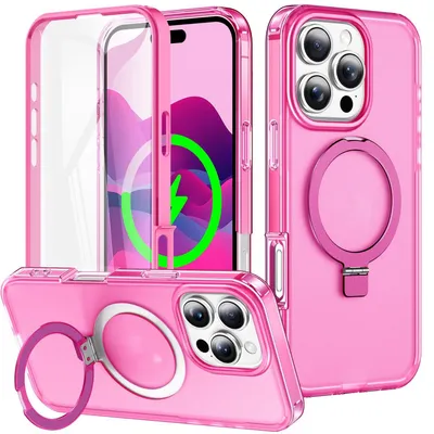 Immagine prodotto di Per Apple iPhone 16 Pro Pelle smerigliata sentire MagSafe anello titolare 360 gradi caso rosa