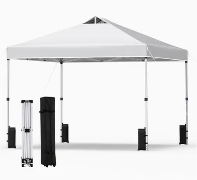 Produktbild von KOMFOTTEU Pavillon 3 x 3m, Gartenpavillon mit EIN-Knopf-System, silberbeschichtetem Dach, strapazierfähigem Rahmen, Sandsäcken, Heringen und Seilen, tragbares Partyzelt für Picknicks, Partys (Weiß)