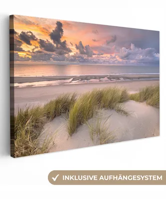 Produktbild von MuchoWow® - Leinwandbilder - Sonnenuntergang - Düne - Strand - Pflanzen - Meer, Wandbild, Wanddeko Bilder Wohnzimmer, 90x60 cm